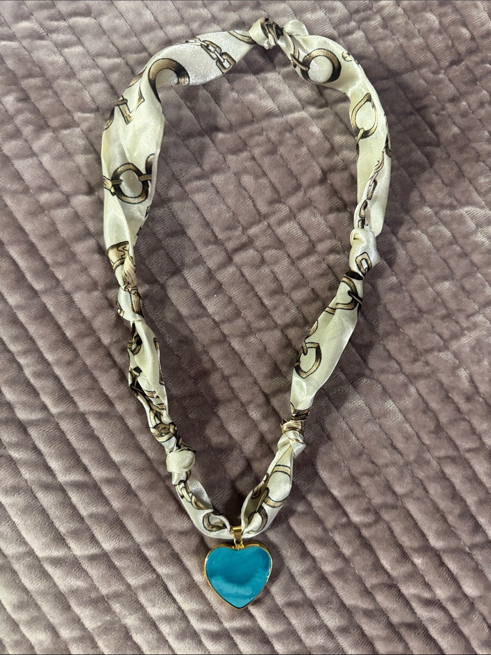 New! Silk Scarf Necklace with Turquoise Heart Pendant In 18K Gold PVD